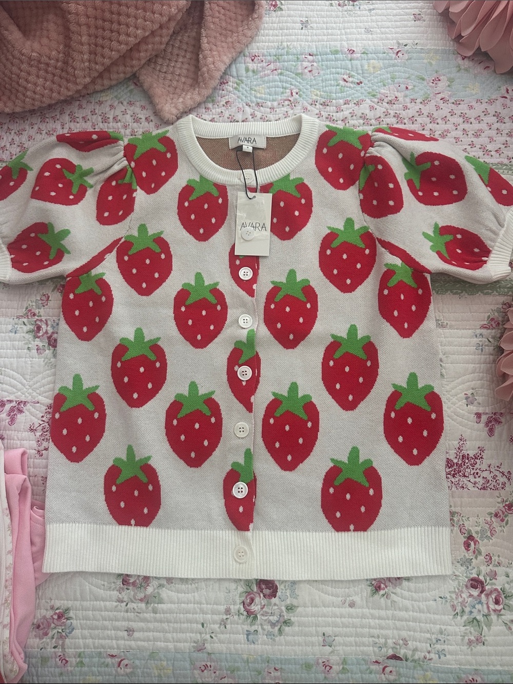 Aviva Cream Strawberry Button-Front Sweater